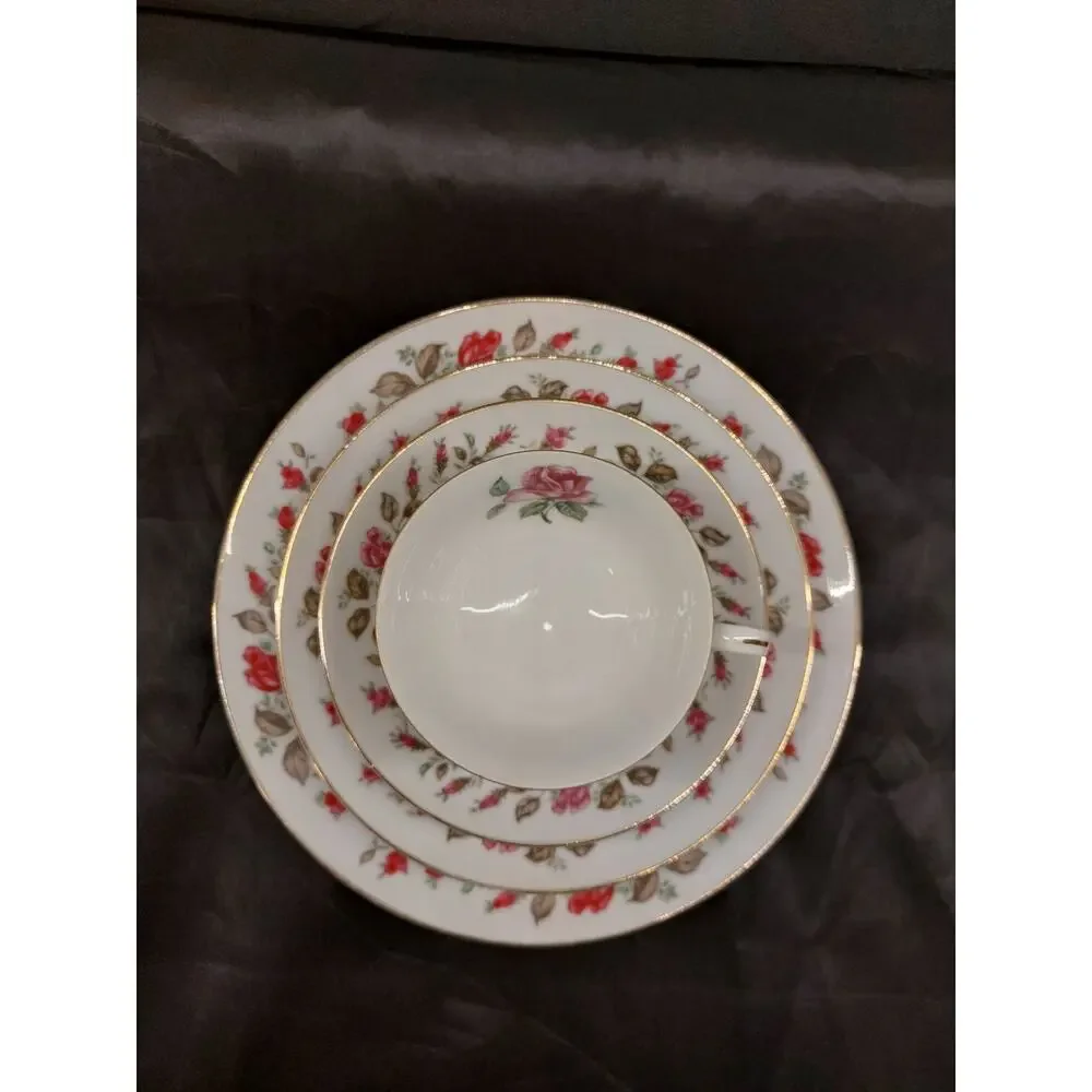 Vintage Diamond China Moss Rose 4 Pc Place Setting Tea Cup Saucer Plates Japan